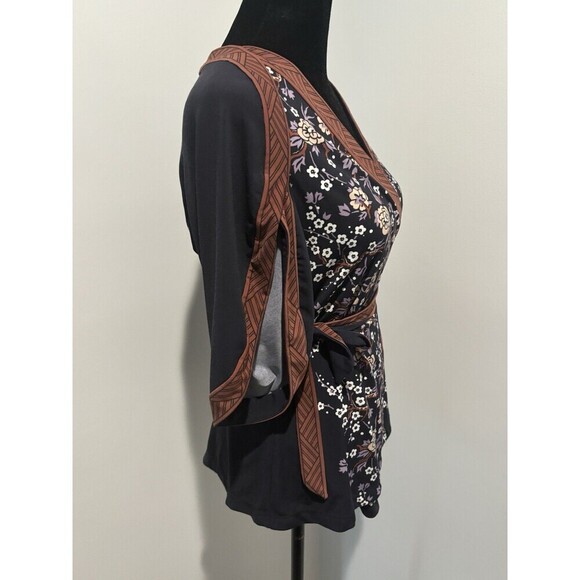 BCBG Y2K Vintage Blue Brown Kimono Wrap Asian Japanese Print Split Sleeves Top S - Picture 2 of 9